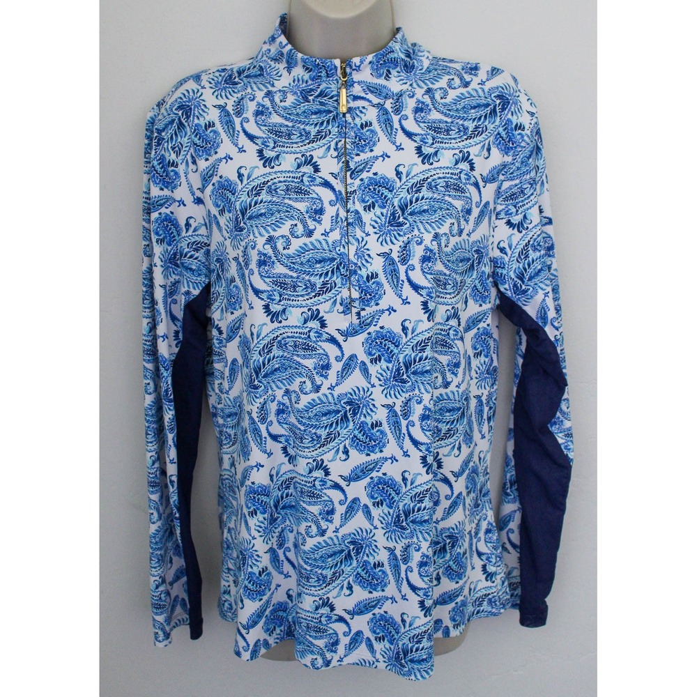 Cabana Life Top Large Blue Charleston Paisley 1/4 Zip Long Sleeve Performance